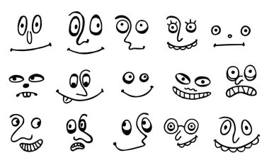 El çizimi emojiler. Etkileyici gözler ve ağız, gülümseyen, ağlayan ve şaşırmış karakter yüz ifadeleri. Karikatür, karikatür, karikatür, karikatür. İzole vektör illüstrasyon simgeleri ayarlandı
