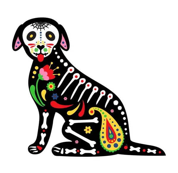 死者の日,ディ・デ・ロス・ムエルトス,カラフルなメキシコの要素と花で飾られた動物の頭蓋骨と骨格.犬の骨格 — ストックベクタ