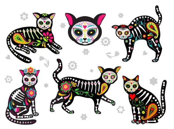 メキシコ人の死んだ猫。死んだ動物だ。猫の頭蓋骨と砂糖は死んだ日のカラフルな休日のベクトルイラストを頭,骨スケルトンディア・デ・ロス・ムエルトスペットパーティー図面 — ストックベクタ