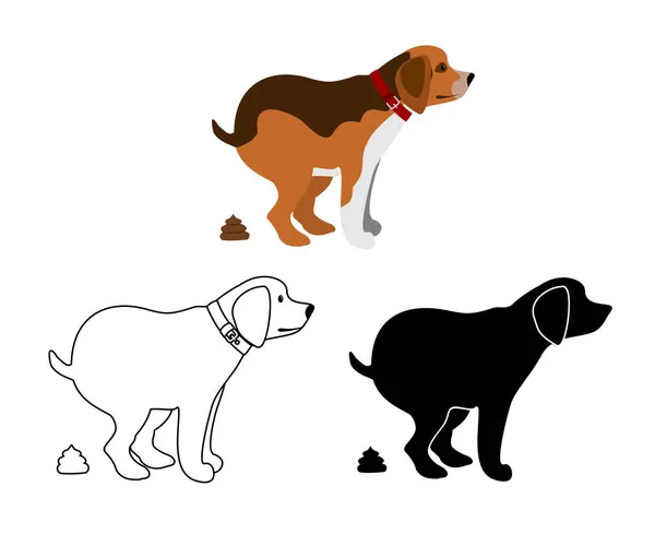 Pooping dog vector illustration. Schmutziger Hund. Dogs poop Clip Art, Tierkot und Hundevektorsilhouetten isoliert auf weißem Hintergrund — Stockvektor