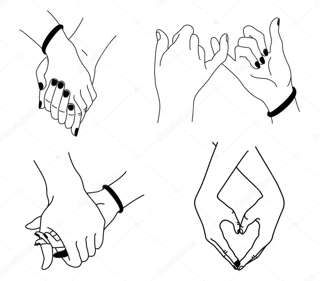 Romantic handshake. Relationship loving hands together. Woman and man handshakes line tattoo sketch. Couple love relationships holding hands, lovers wedding family holds outline draw. Vector art work