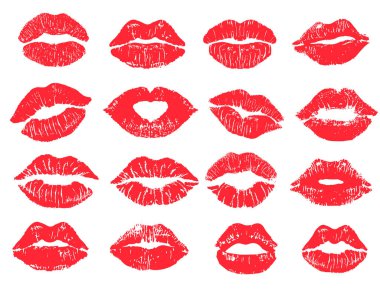 Beautiful red lip imprint set. Isolated on white. Women s lips lipstick kiss print set for valentine day and love illustration clipart