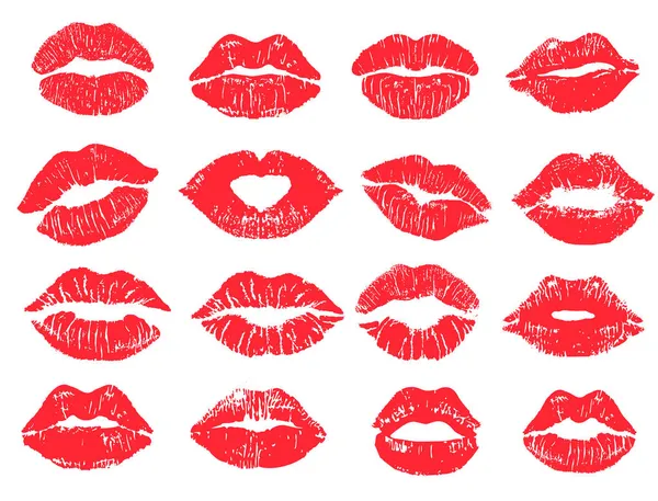 Mooie rode lip opdruk set. Geïsoleerd op wit. Vrouwen lippen lippenstift kus print set voor Valentijnsdag en liefde illustratie — Stockvector