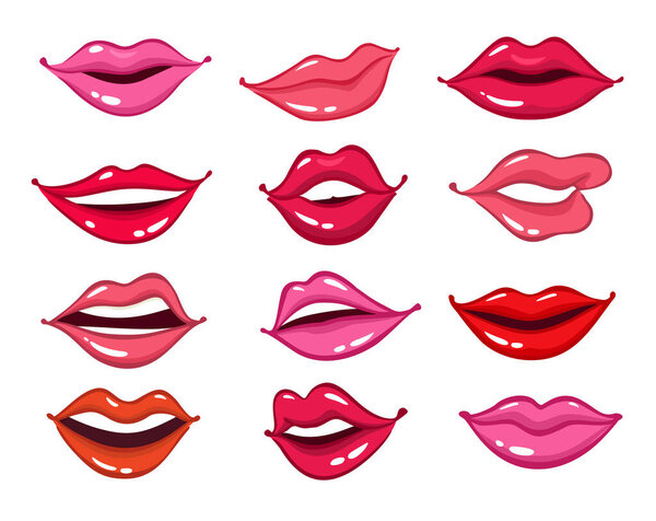 Colorful female lips set on white background. Comic female lips. Comic female lips in cartoon style, smile and sensual lips, kiss illustration isolated on white