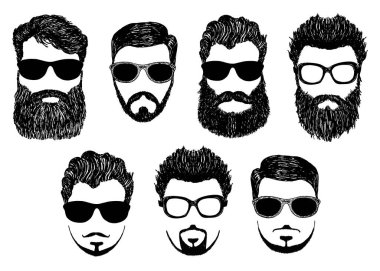 Hipster detailed hair and beards with sunglasses kit. Fashion bearded man face. Long beard with facial hair. Beard isolated on white. Hipsters with different haircuts, mustaches, beards, glasses. clipart