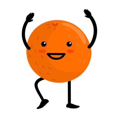 Çizgi film sevimli turuncu karakter tasarımı, turunçgil ikonu çizim şablonu vektörü. Şirin kawaii suratlı mutlu portakal meyvesi, komik vejetaryen karakter.