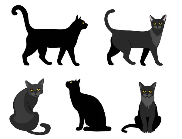 Silhuetas vetor gato preto conjunto isolado no fundo branco, gatos em diferentes poses — Vetor de Stock