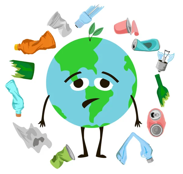 Sadness cartoon globe character and garbage around. Stop pollution world. Global warming concept. Illustration isolated on white background. Poster about plastic pollution ecology problem. — Stock Vector