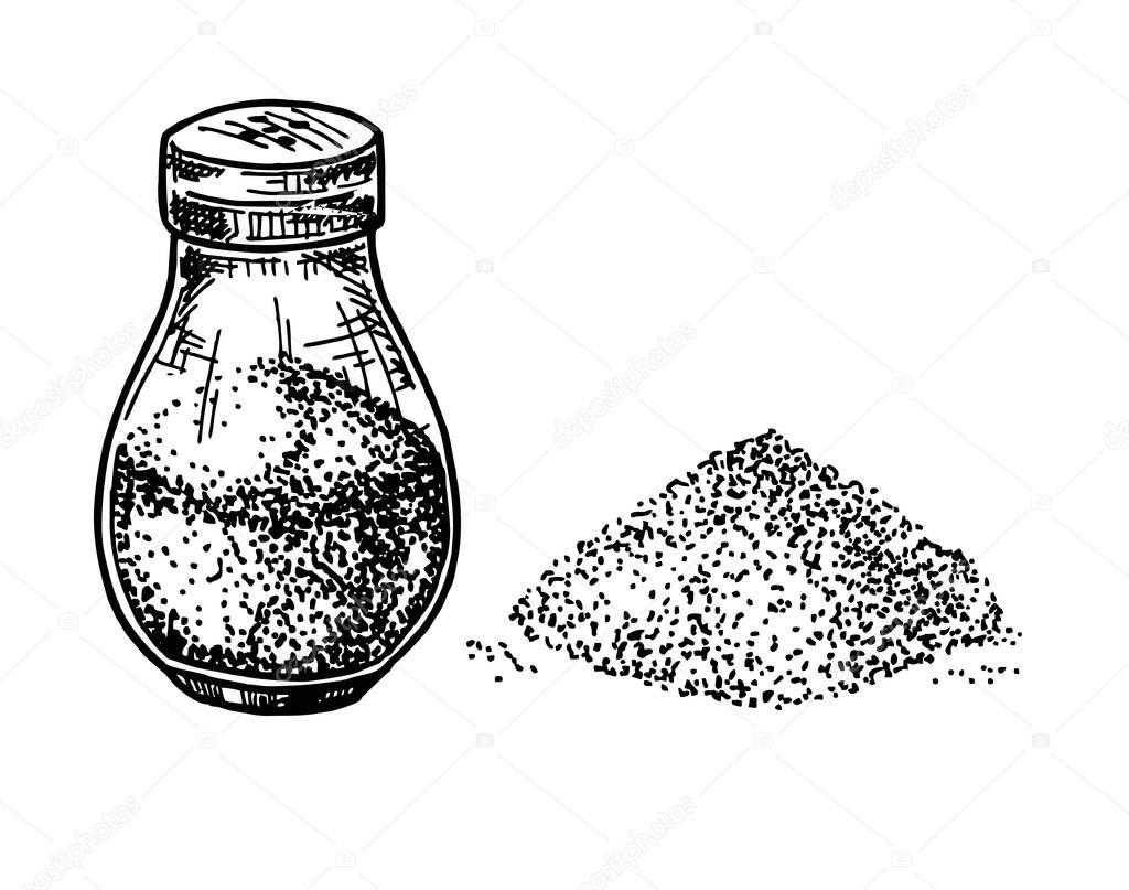 Hand drawn salt. Salting crystal, glass bottle with powder, salt shaker sketch. Himalayan or sea salt in engraved style set, cooking ingredient vector isolated illustration