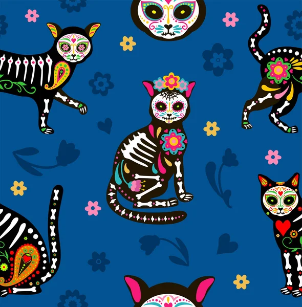 死者の日の休日のためのメキシコのスタイルで砂糖頭蓋骨Calavera黒猫とシームレスなパターン,ダイ・デ・ムエルトスとハロウィーン.黒を基調とした猫やカラフルな装飾花. — ストックベクタ