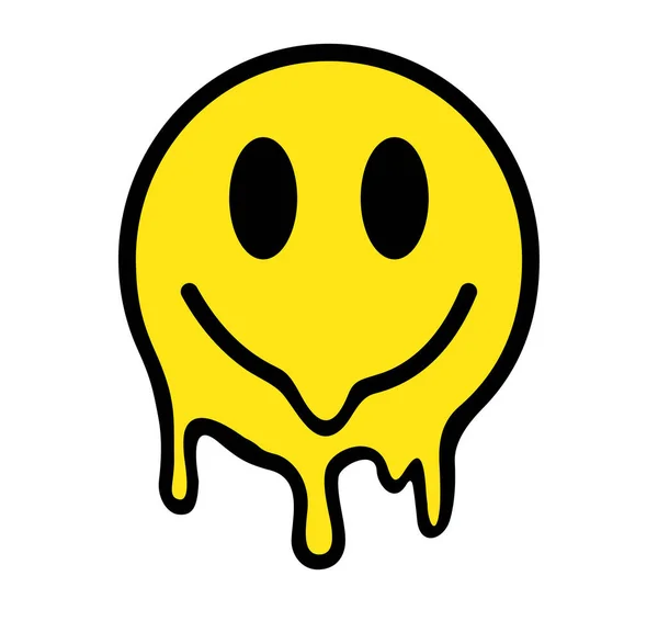 Olvadó mosoly. Vicces pszichedelikus szürreális techno sav LSD olvadt mosoly arc logó. Csöpögő mosoly. Jó hangulat. Pozitív hangulat. Olvadt. Szomorú arc. Vektor emoji. Emodzsi arc. Arc szimbólum. Pozitív emoji.. — Stock Vector