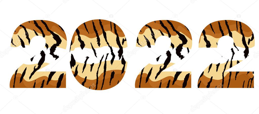 Banner of striped black and orange numbers 2022. Happy chinese new year 2022 of the tiger. Striped 2022. Festive New Year greeting card. Vector illustration isolated on white background.