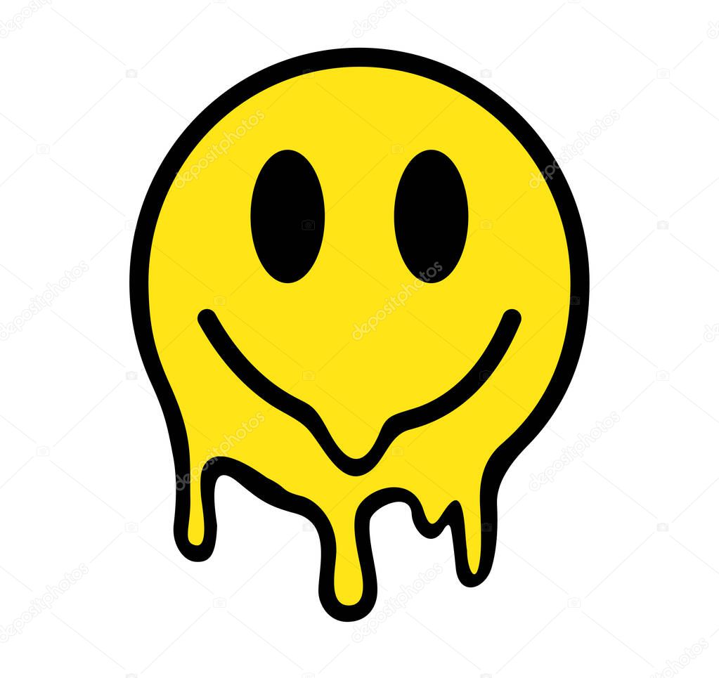 Melting smile. Funny psychedelic surreal techno acid LSD melt smile face logo. Dripping smile. Good mood. Positive emoji