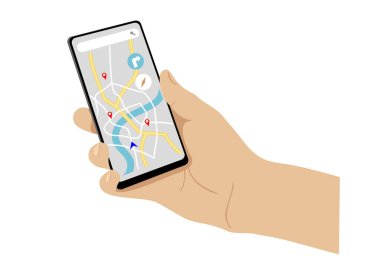 Dijital navigasyonlu cep telefonlu bir el. Mobil GPS navigasyon ve izleme konsepti. Konsept modern şehir teknolojisi haritası nokta ve konforlu arama. Düz Vektör illüstrasyonu.