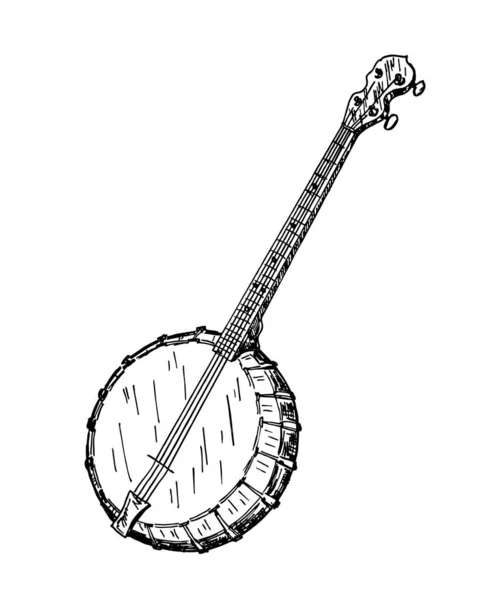 Amerikai bendzsó elszigetelt retro hangszer. Vektor négy húros bendzsó gitár, akkordos kísérettel. Kézzel rajzolt vázlat bendzsó fehér alapon. — Stock Vector