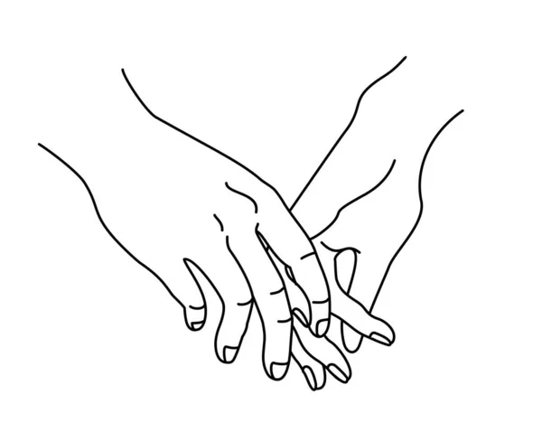 Ett pars händer håller om varandra, vilket betyder samhörighet och tillgivenhet. en siluett illustration i en enkel ritning. Linjär ritning. Grattis på Alla hjärtans dag. Vykort, affisch — Stock vektor