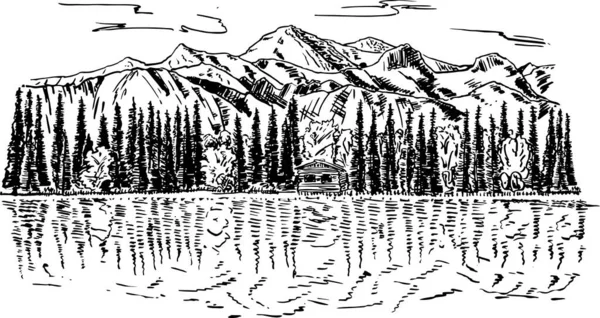 Landskapsberg, skog, flod. Handritad skiss vektor illustration. Bergslandskapet reflekteras på sjön. — Stock vektor