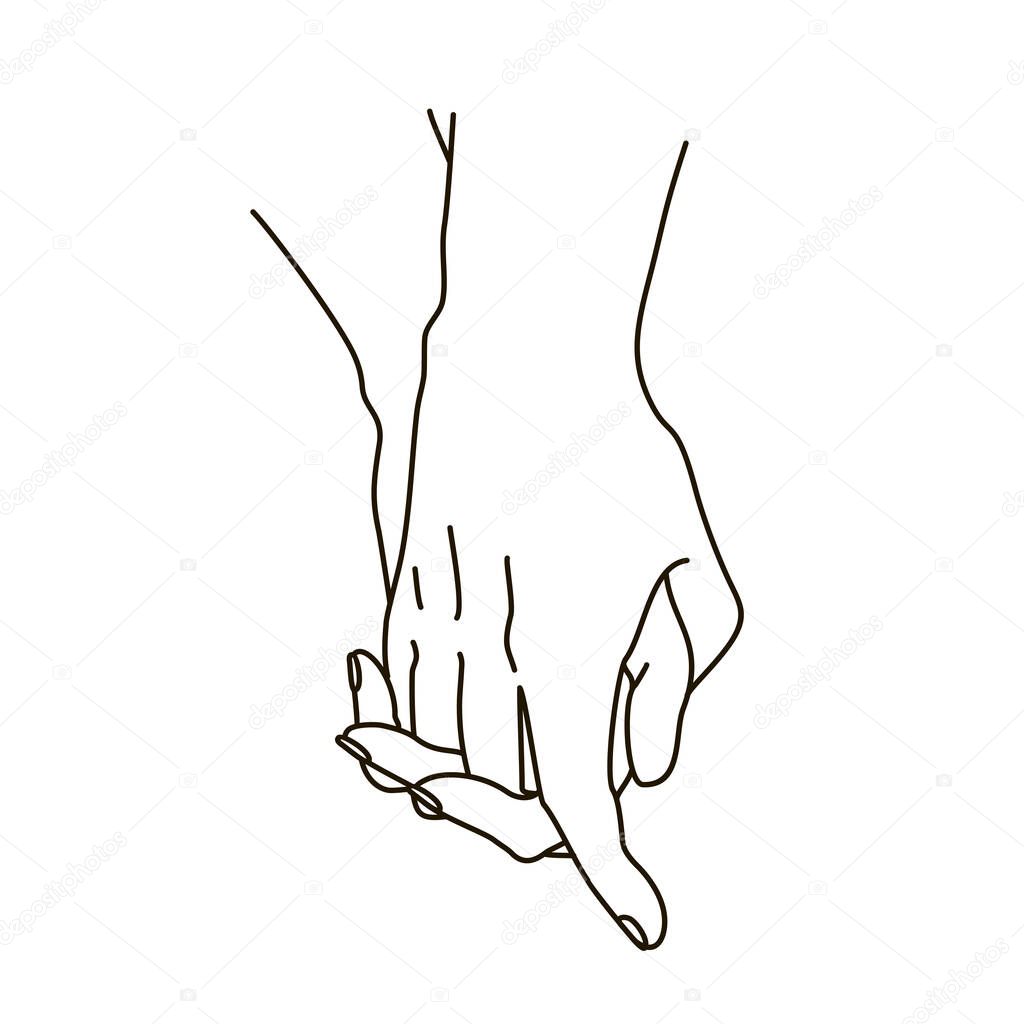 Hands of a couple are holding each other, meaning the togetherness and affection. a silhouette illustration in a simple drawing. Linear drawing. Congratulations on Valentine s Day. Postcard, poster