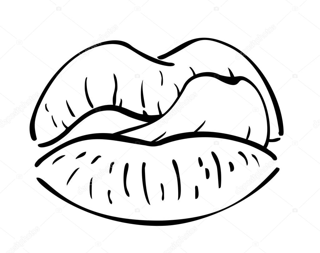 The tongue licks the lips. Open mouth, tongue touching lips. Female tongue liking lips sketch vector illustration on white background