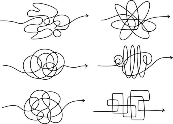 Set der Vektorillustration, führen Sie den Weg linearen Pfeil mit Knoten in der Mitte. Symbol des schwierigen Weges mit chaotischem Knoten. Knotenpfeillinie. Gekritzelte Chaos-Mentalität, Chaos-Konzept. — Stockvektor