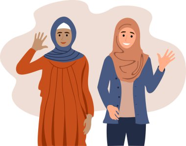Türbanlı gülümseyen kızlar. Müslüman kadınlar. Geleneksel elbise ve günlük kıyafetler içinde şirin düz Arap kızları. İş kadınları koleksiyonu.