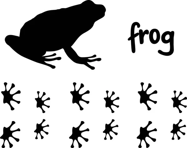 Silueta de rana y huellas de sus patas. Huellas de rana. Rana silueta icono vector ilustración — Archivo Imágenes Vectoriales
