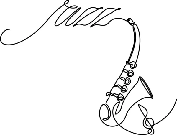 Concepto de instrumentos de música eólica. Moderna ilustración de vectores de diseño gráfico de una sola línea. Jazz saxofón instrumentos de música línea de dibujo. Icono de música letras jazz y saxofón dibujo de una línea — Archivo Imágenes Vectoriales