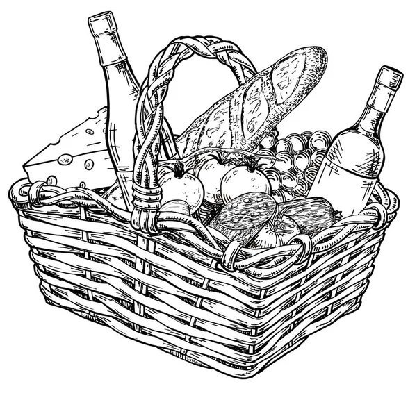 Picknickkorb mit Imbiss. Handgezeichnete Skizze. Handgezeichnete Illustrationen von Picknick. Käse, Wein, Obst und französisches Brot in einem Weidenkorb. — Stockvektor