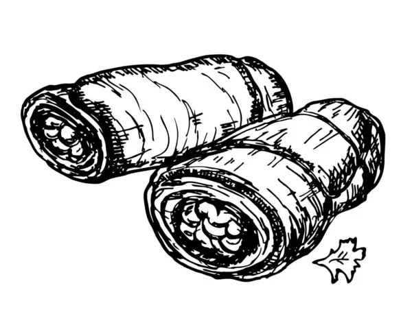 Итальянская выпечка каннонсино. Векторная иллюстрация в стиле эскиза для меню кафе и пекарни или логотипа, этикетки и упаковки хлеба. Трубообразное слоеное тесто со сладкой начинкой. Шведский стол. — стоковый вектор