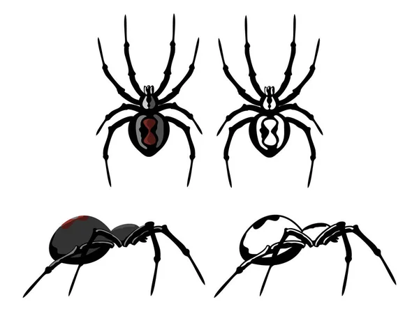 Owady gotowe. Spider niebezpieczeństwo jad horror trujące czarne symbole zestaw. Widok z góry pająka, widok z boku. — Wektor stockowy