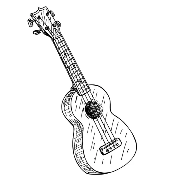 Schizzo disegnato a mano vettoriale dell'ukulele. Incisione stile vintage retrò isolato su bianco. Piccolo ukulele per icona. Ukulele per la musica classica. Piccola chitarra — Vettoriale Stock