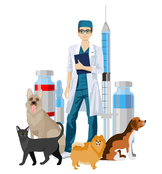 Dierenarts. Veterinaire arts controleren en behandelen van dieren. Idee van de verzorging van huisdieren. Medische behandeling en vaccinatie van dieren. Vector Illustratie van man dierenarts met schattige huisdieren, honden, kat. — Stockvector