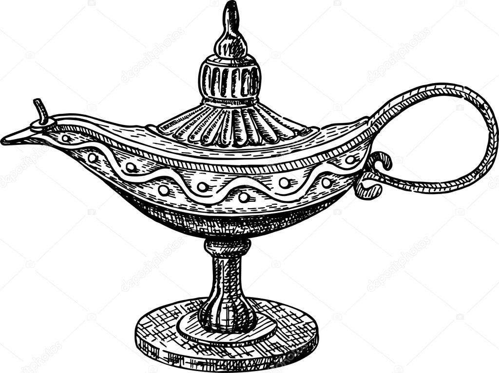 Oil Lamp. Iron lamp isolated icon with decoration. Genie Lamp Arab Design. Icon Silhouette. Vector Ancient Objects.