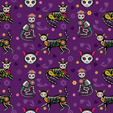 Şeker Kafatası Calavera kara kedileri ile kusursuz desenli Ölüler Günü için Meksika usulü Dia de Muertos. Siyah arka planda şirin kedi şekerli kafatasları ve çiçekler. Kumaş veya ambalaj kağıdı için mükemmel.