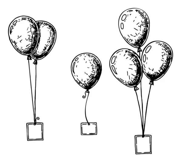 Conjunto de balões diferentes. Bolas infláveis em um esboço de corda. Balões infláveis com um cartão de saudação para texto. — Vetor de Stock