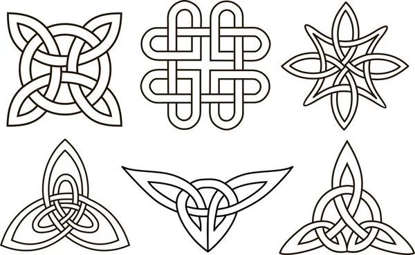 Middeleeuwse Keltische knoop tattoo set. Keltische, Ierse knopen ornament. Keltische symbolen, eindeloze knoopvorm vectoricoon, oneindig geest-eenheidssymbool, heidense cirkel tribale symbolen graphics geïsoleerd — Stockvector