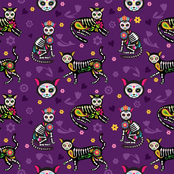 Şeker Kafatası Calavera kara kedileri ile kusursuz desenli Ölüler Günü için Meksika usulü Dia de Muertos. Siyah arka planda şirin kedi şekerli kafatasları ve çiçekler. Kumaş veya ambalaj kağıdı için mükemmel.