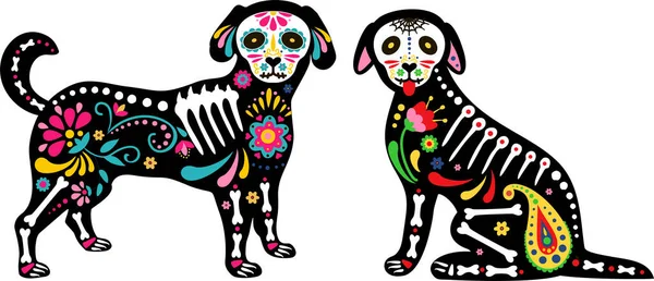 Chiens morts mexicains. Des animaux morts. Crânes de chiens et têtes de sucre illustration vectorielle colorée de vacances pour le jour des morts, squelette osseux dia de los muertos animaux de compagnie dessins de fête — Image vectorielle