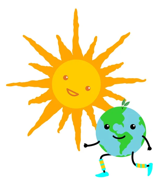 Niedliche Erde und die Sonne scheint darauf. Illustration zum Earth Day oder Umweltereignisse, die glückliche Erde und Sonne im Stil von kawaii zeigen — Stockvektor