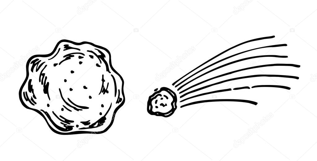 Comet, meteor, space debris. Sketch vector illustration.