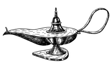 Yağ lambası. Mürekkep çizimi beyaz arkaplanda izole edildi. Cin lambası Arap Tasarımı. Vektör antik nesneler. El çizimi vektör çizimi. Retro biçimi.