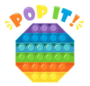 Şirin komik Pop it popit sensör oyuncak logosu tişörtü. Kıpır kıpır. Stres önleyici. Oyuncak ikonu, moda oyuncak. Vektör illüstrasyonu beyaz arkaplanda izole edildi.