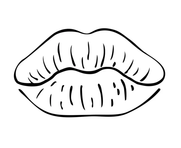 섹시 한 통통 한 입술은 외진 선 예술에 키스한다. 립스틱 라인은 유행하는 스타일로 흰색 배경에 분리되어 있다. 웹 사이트 디자인, 로고, 앱 , UI 를 위한 마우스 심볼입니다. 반사기 삽화, 손으로 그린 그림 — 스톡 벡터