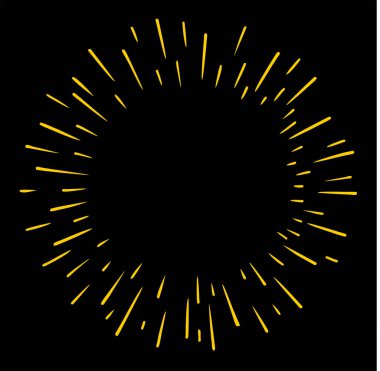 Yıldız patlaması tasarım elementi. Güneş patlaması çerçevesi çizimi. Siyah arkaplanda altın parıltı.