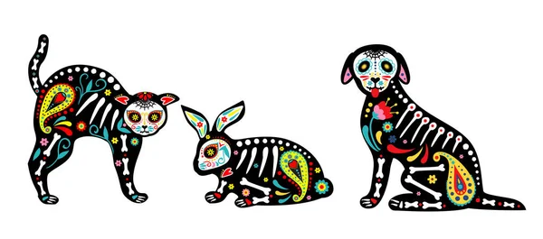 멕시코의 죽은 동물들. 죽은 사람들의 날 , 디아데 로스 무에르 토스 , 다채 로운 멕시코 원소와 꽃으로 장식된 동물들 과 골격들 이다. 축제, 할로윈, 휴일 포스터 파티 전단지. Vector — 스톡 벡터