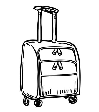Beyazın üzerine siyah bir bavul çizilmiş. Ayrıntılı klasik çizim tarzı. Bavul tüm serbest ana hatları tutun siyah mürekkep el logo amblemi çizilmiş retro. Vektör illüstrasyonu.