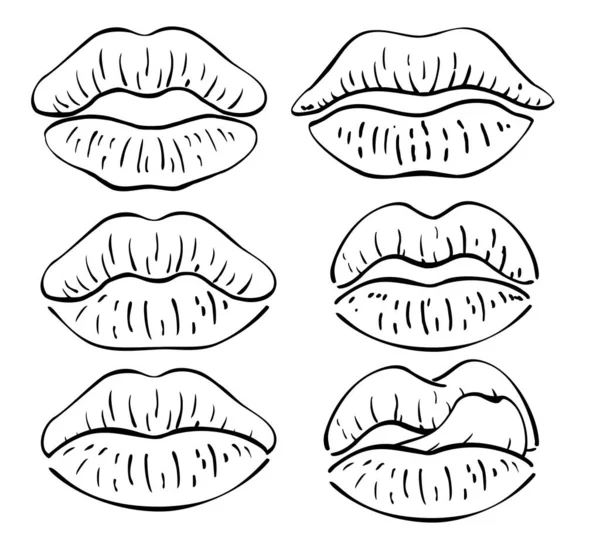 Vrouwelijke lippen geïsoleerd op een witte achtergrond. Een set schetsen van vectorafbeeldingen. Lijn vrouwelijke lippen. Voor uitnodigingen, wenskaarten, offertes, blogs, affiches. — Stockvector