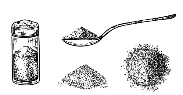 Deniz tuzu. Tuz tepesinin vektör çizimi. Kuyu ve kaşık tuzlu çeşnisi. Sodyum kristalli bir yığın toz ve kaşık. Klasik poster. Oymalı el çizimi çizimi