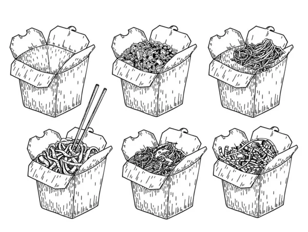 Wok vectortekening schets. Geïsoleerde Chinese doos en eetstokjes met noedels en groenten. Hand getekend gedetailleerde fast aziatische voedsel illustratie. Geweldig voor banner, poster, tekenen — Stockvector