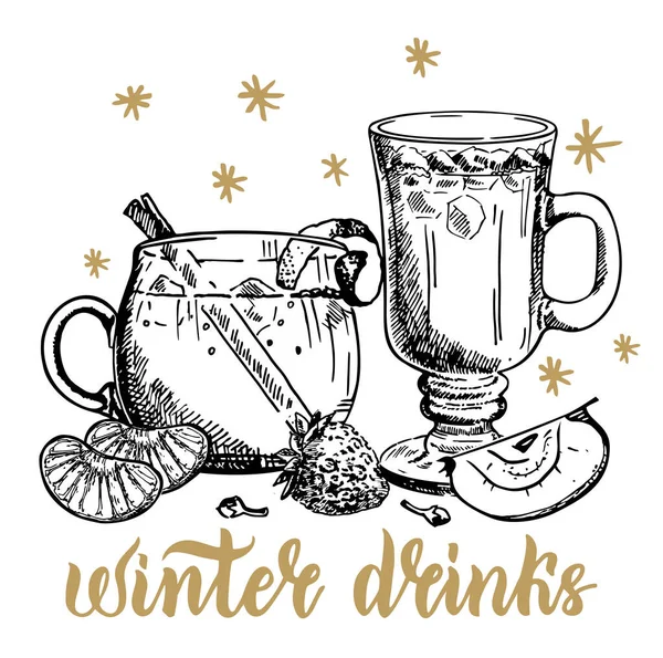 Hand drawn warming beverages. Hot drinks Bar menu. Vector isolated elements, collection of hot drinks and spices. Template for Winter food and beverage illustration with fruits, herbs, spices. — Stockový vektor